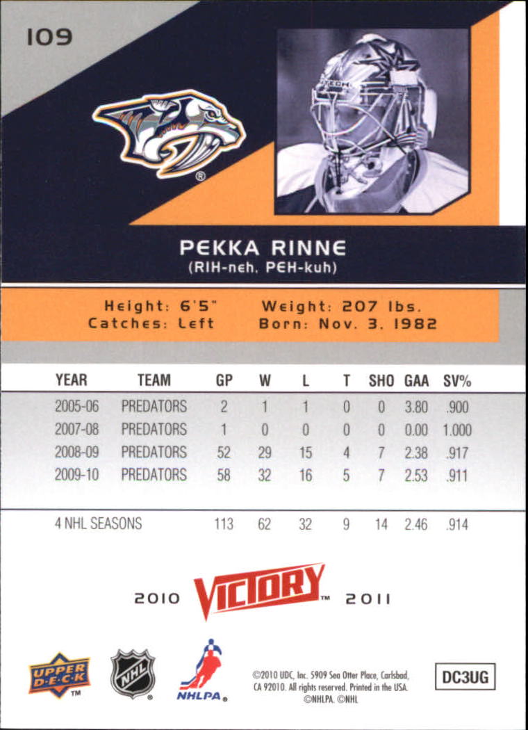 2010-11 Upper Deck Victory #109 Pekka Rinne back image