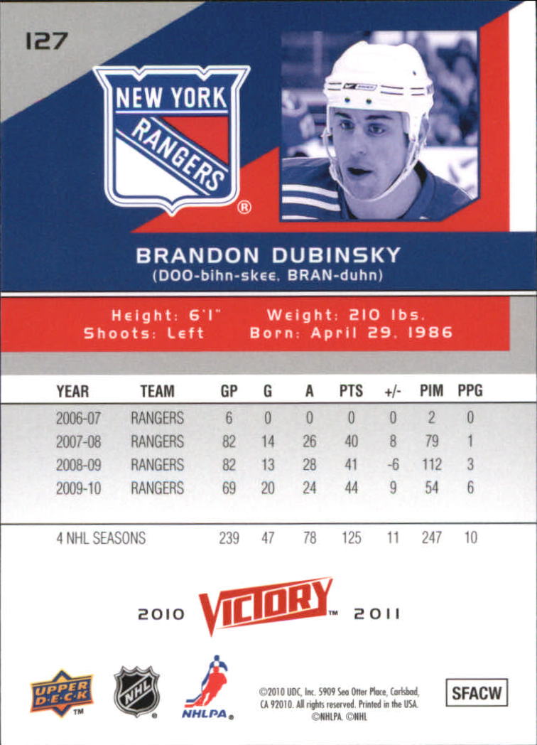 2010-11 Upper Deck Victory #127 Brandon Dubinsky back image
