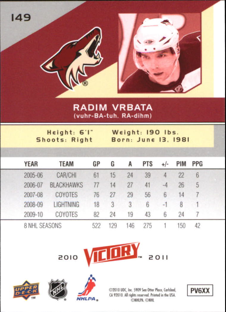 2010-11 Upper Deck Victory #149 Radim Vrbata back image