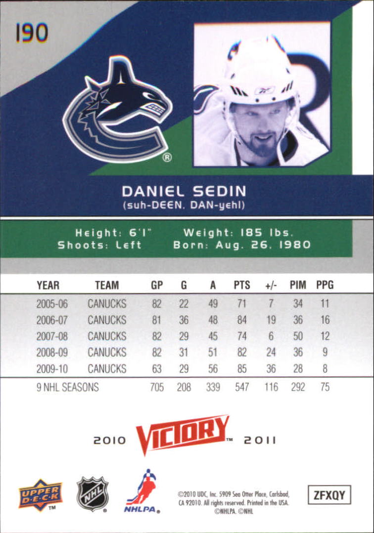 2010-11 Upper Deck Victory #190 Daniel Sedin back image