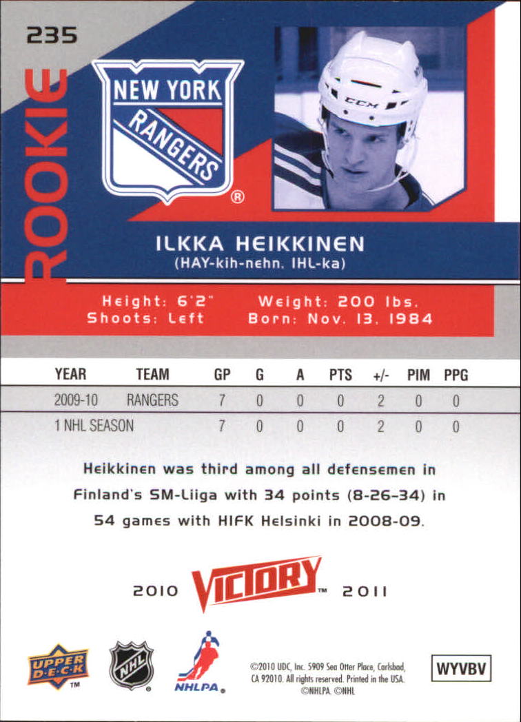 2010-11 Upper Deck Victory #235 Ilkka Heikkinen RC back image