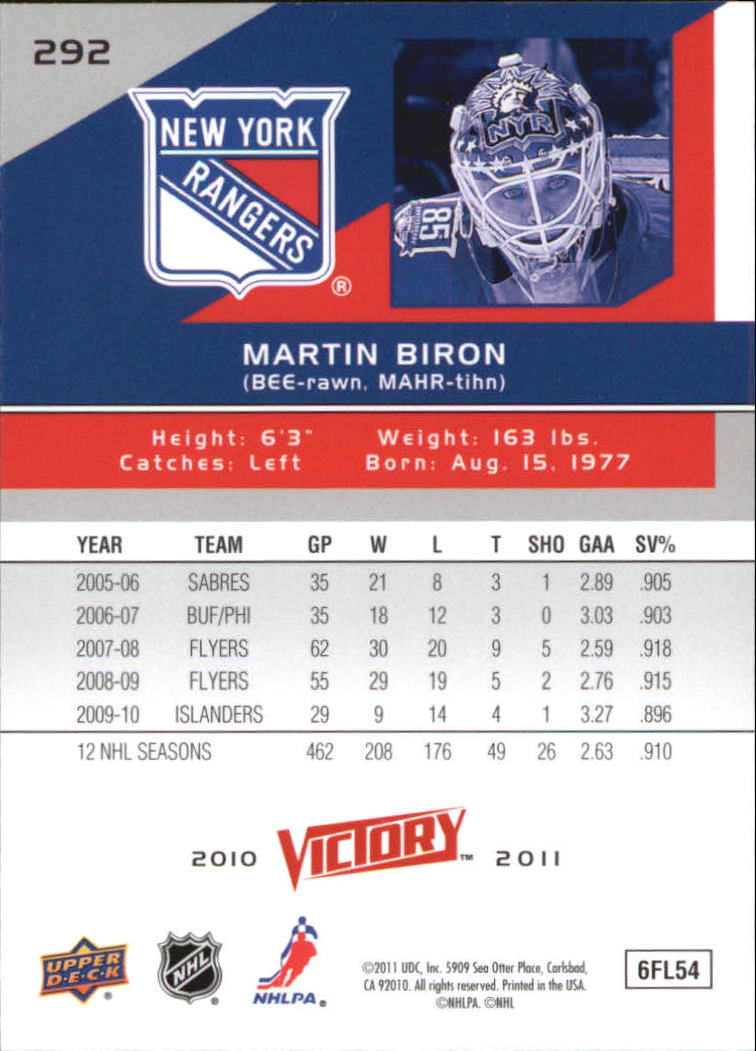 2010-11 Upper Deck Victory #292 Martin Biron back image