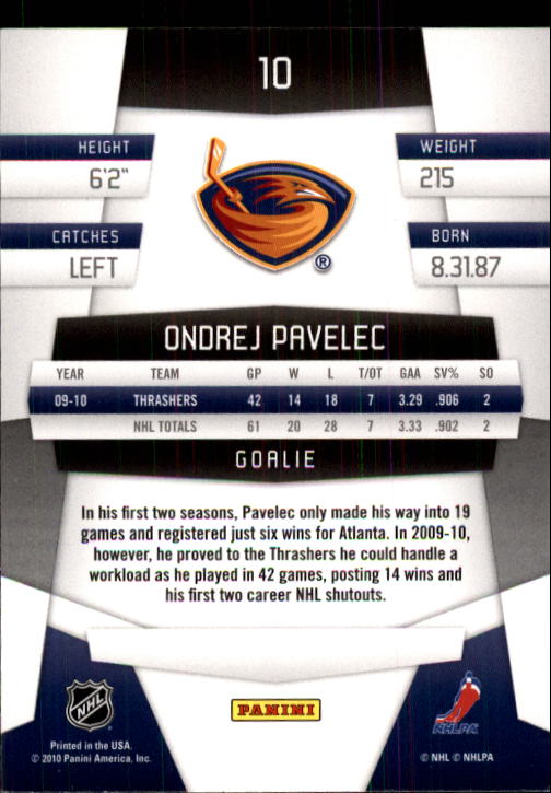 2010-11 Certified #10 Ondrej Pavelec back image