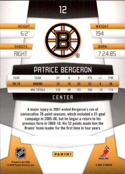 2010-11 Certified #12 Patrice Bergeron back image