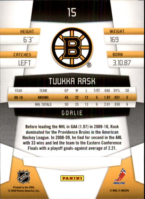 2010-11 Certified #15 Tuukka Rask back image