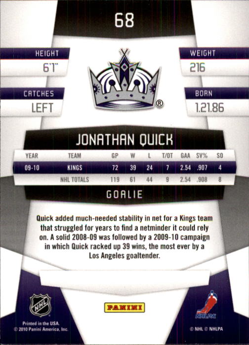 2010-11 Certified #68 Jonathan Quick back image