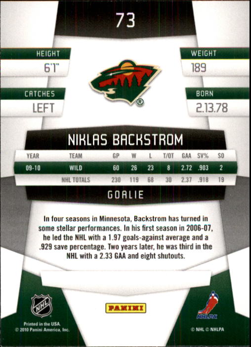 2010-11 Certified #73 Niklas Backstrom back image