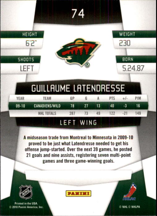 2010-11 Certified #74 Guillaume Latendresse back image