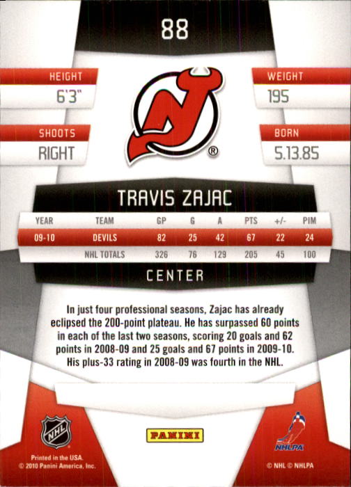 2010-11 Certified #88 Travis Zajac back image