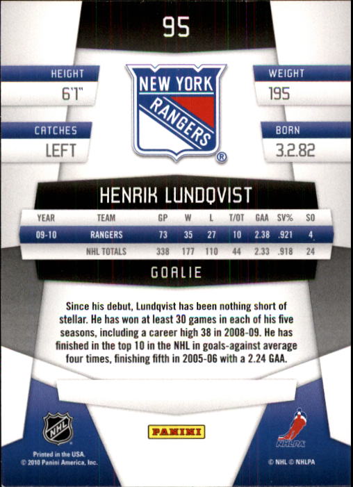2010-11 Certified #95 Henrik Lundqvist back image