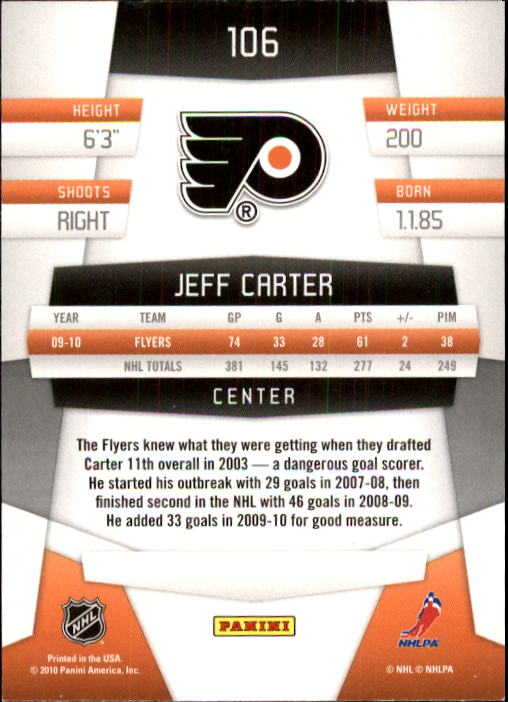 2010-11 Certified #106 Jeff Carter back image
