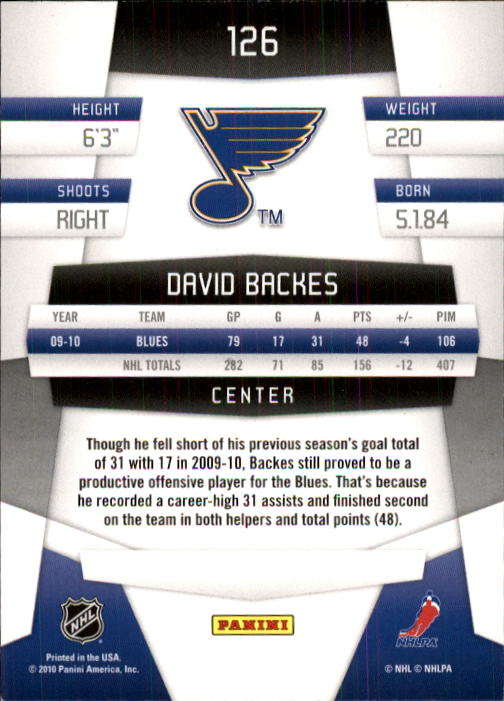 2010-11 Certified #126 David Backes back image