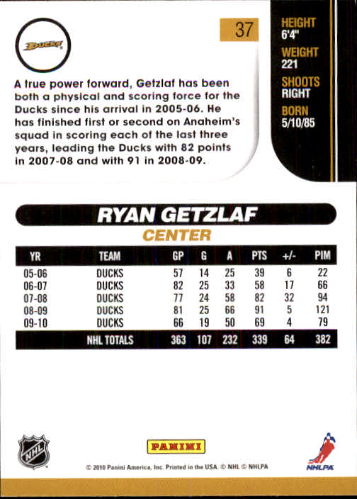 2010-11 Score #37 Ryan Getzlaf back image