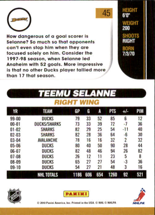 2010-11 Score #45 Teemu Selanne back image