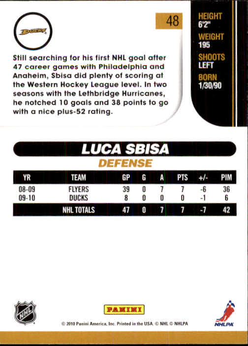 2010-11 Score #48 Luca Sbisa back image