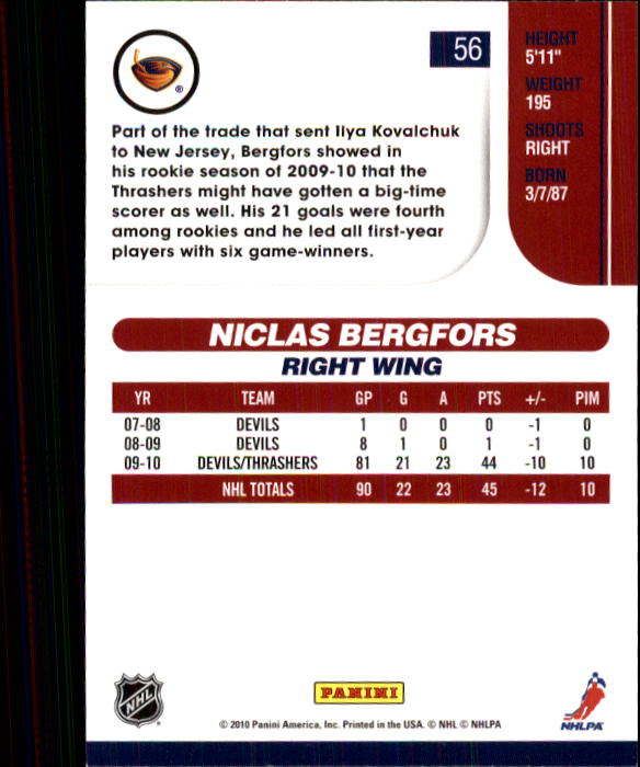 2010-11 Score #56 Niclas Bergfors back image