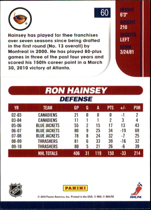 2010-11 Score #60 Ron Hainsey back image