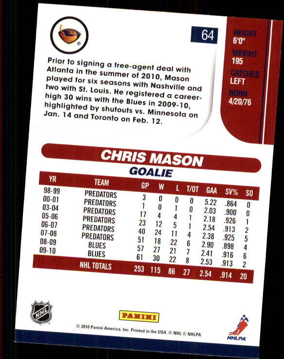 2010-11 Score #64 Chris Mason back image