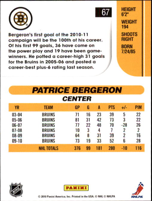 2010-11 Score #67 Patrice Bergeron back image
