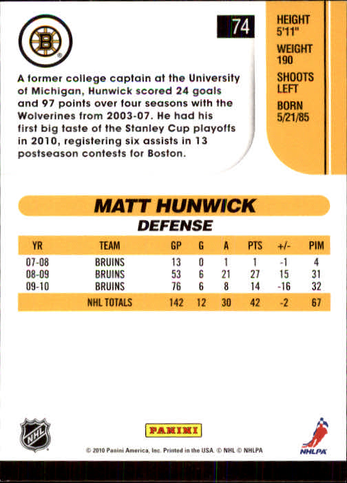 2010-11 Score #74 Matt Hunwick back image