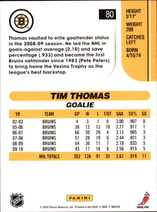 2010-11 Score #80 Tim Thomas back image