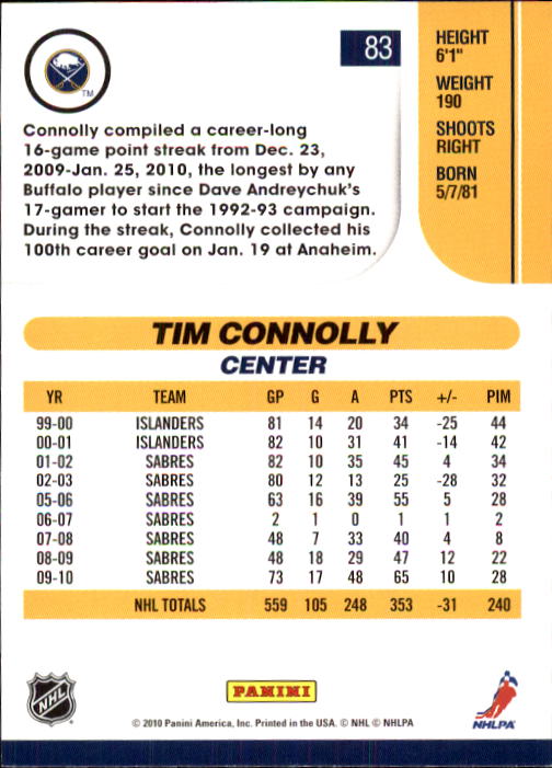 2010-11 Score #83 Tim Connolly back image