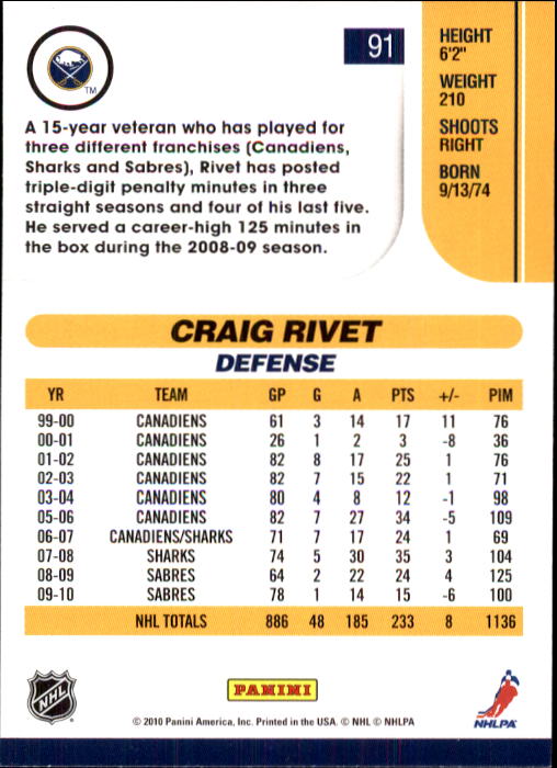 2010-11 Score #91 Craig Rivet back image