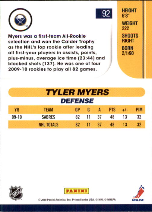 2010-11 Score #92 Tyler Myers back image