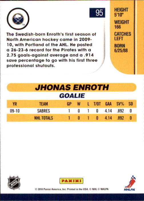 2010-11 Score #95 Jhonas Enroth back image