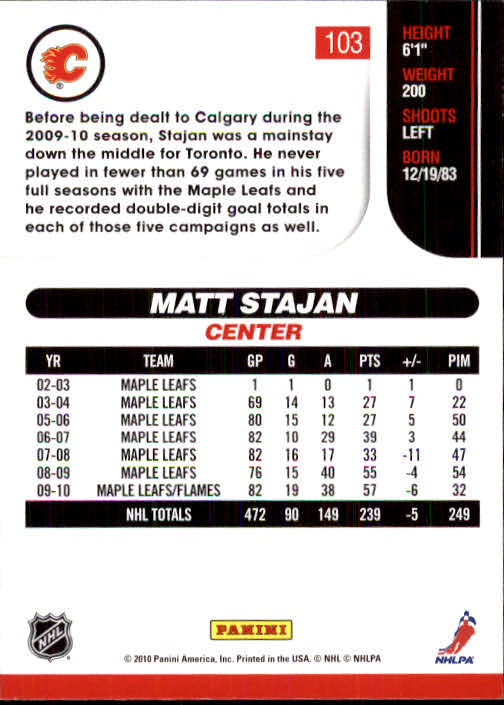 2010-11 Score #103 Matt Stajan back image