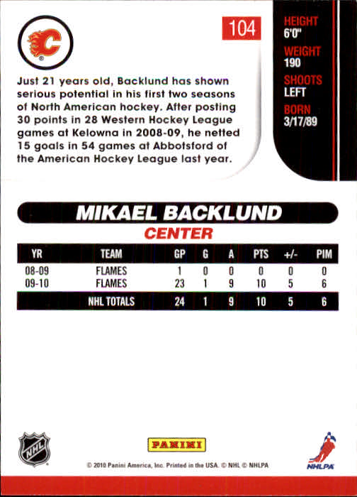 2010-11 Score #104 Mikael Backlund back image