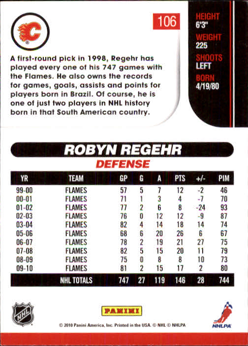 2010-11 Score #106 Robyn Regehr back image