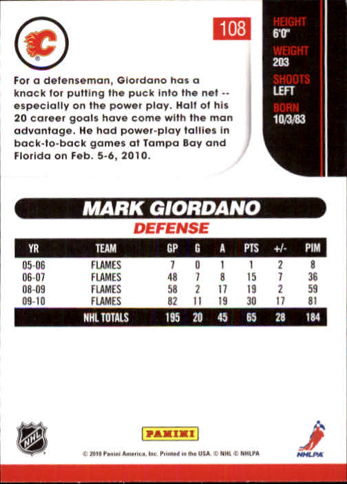 2010-11 Score #108 Mark Giordano back image
