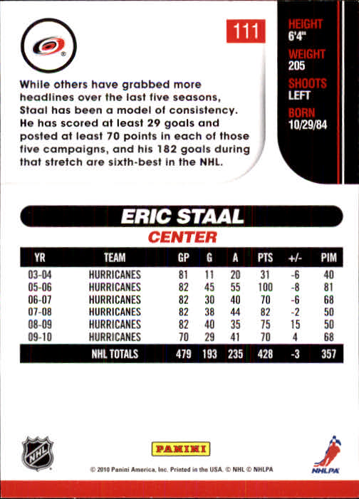 2010-11 Score #111 Eric Staal back image