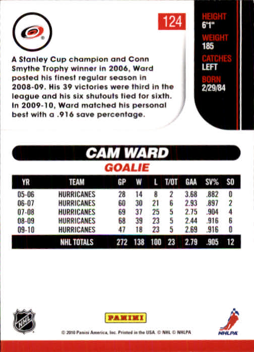 2010-11 Score #124 Cam Ward back image