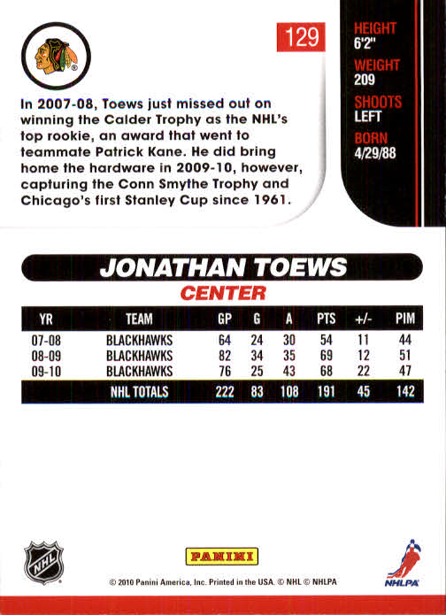 2010-11 Score #129 Jonathan Toews back image