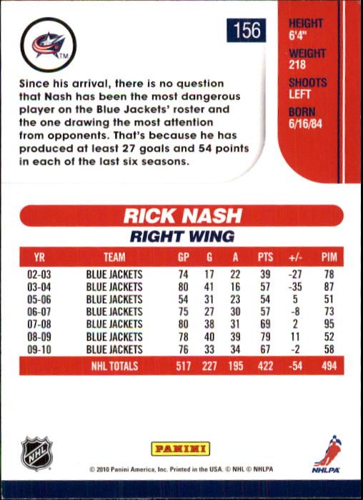 2010-11 Score #156 Rick Nash back image