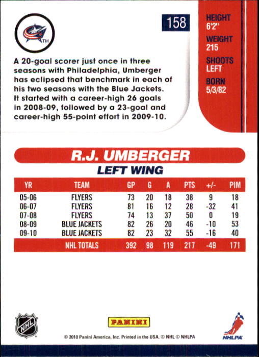 2010-11 Score #158 R.J. Umberger back image