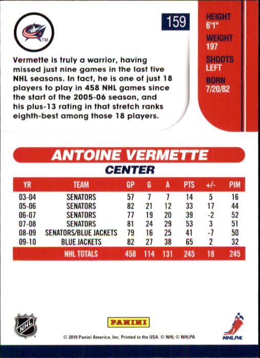 2010-11 Score #159 Antoine Vermette back image