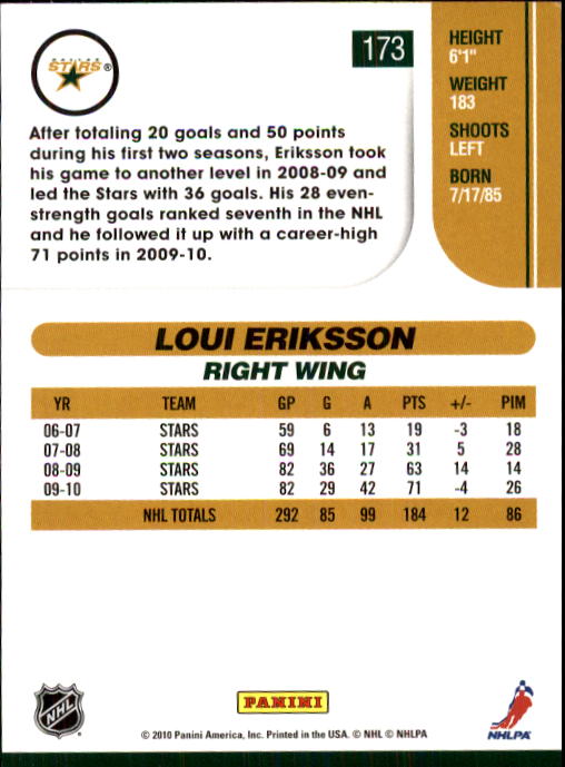2010-11 Score #173 Loui Eriksson back image