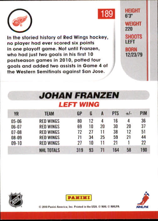 2010-11 Score #189 Johan Franzen back image