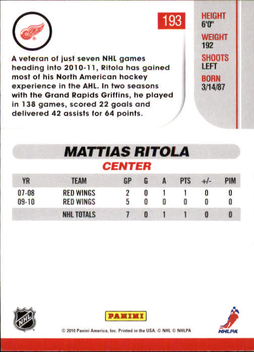 2010-11 Score #193 Mattias Ritola back image