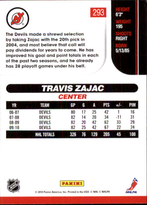 2010-11 Score #293 Travis Zajac back image