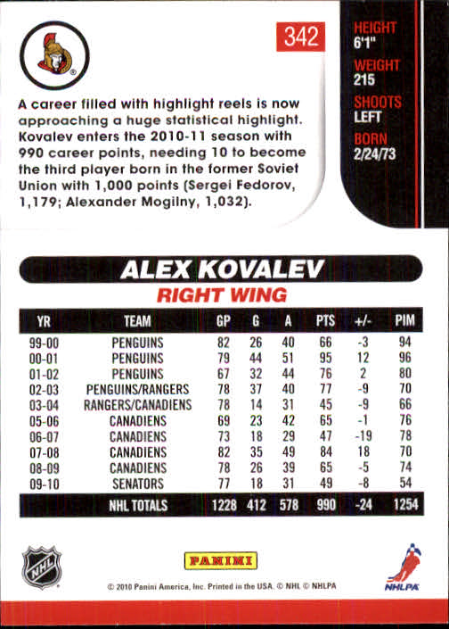 2010-11 Score #342 Alex Kovalev back image