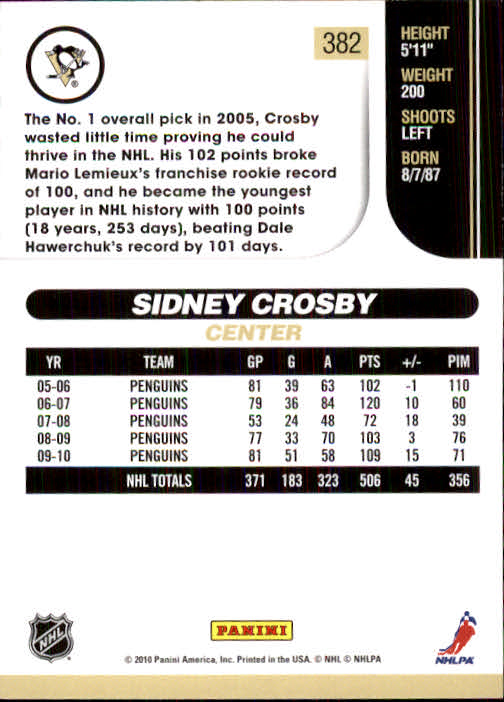 2010-11 Score #382 Sidney Crosby back image