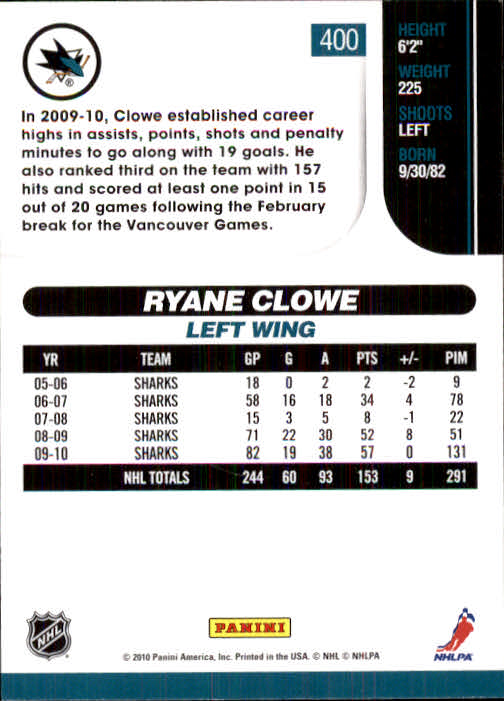 2010-11 Score #400 Ryane Clowe back image