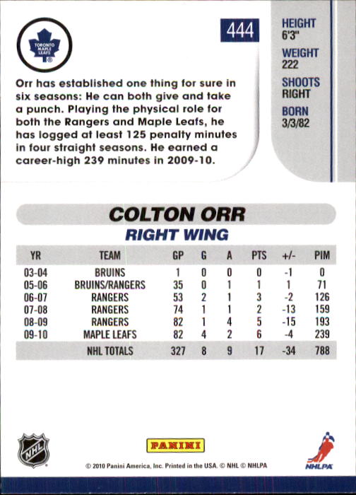 2010-11 Score #444 Colton Orr back image