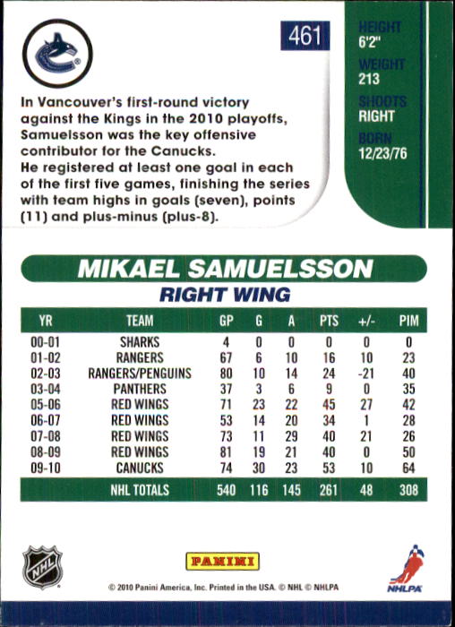 2010-11 Score #461 Mikael Samuelsson back image