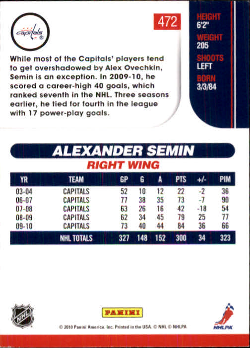 2010-11 Score #472 Alexander Semin back image