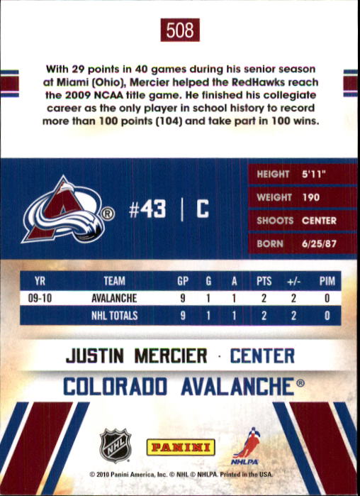 2010-11 Score #508 Justin Mercier HR RC back image